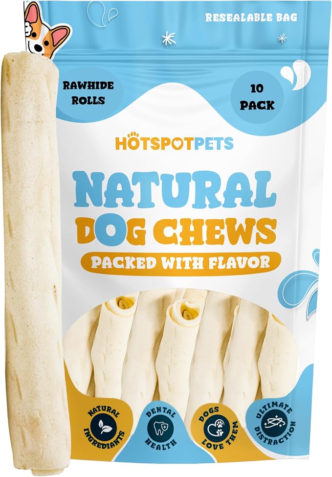 hotspot pets 8-9 Inch Large Rawhide Dog Chew Rolls (10 Pack) - Made from Grass Fed Cows - Great for Dental & Oral Care for Aggressive Chewers Large Dogs