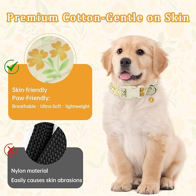 Spring Summer Dog Collar with Daisy Pattern,Adjustable Cotton Puppy Collars for Small Medium Large Dogs, Cute Girl or Boy Dog Collar Ideal for Gifts,Pet Accessory,S