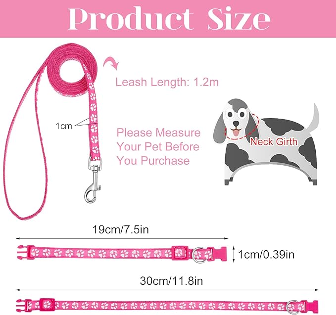 BOUMUSOE 2 Packs Dog Collar and Leash Set, Puppy Collar and Lead Set Quick Release Buckle Adjustable Paw Print Puppy Collar Soft Nylon Pet Collar for Puppy Small Dogs