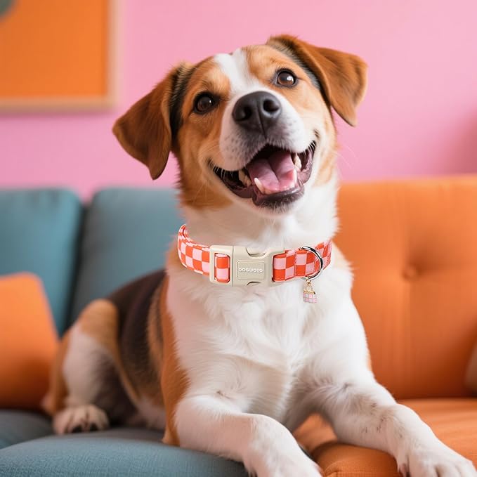 DOGWONG Pink Plaid Dog Collar, Pink Girl Dog Collars, Adjustable Cute Pet Collars Girl Design Dog Collar for Small Medium Large Dogs,M