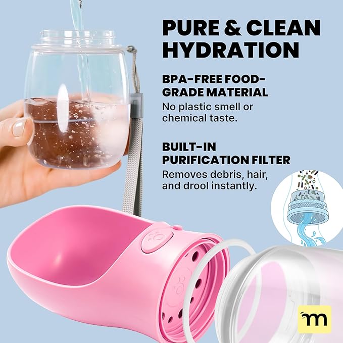 MalsiPree On the Go Dog Water Bottle Dispenser - 12 oz Pink - Leak-Proof Lock & One-Hand Operation - Pet Travel Bottle with Built-in Bowl, for Travel, Trail Hiking, Park Visit, Camping & Beach Days