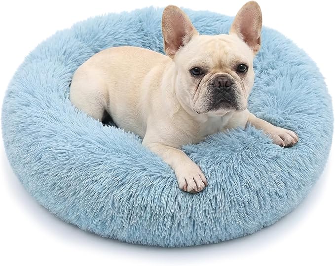 Calming Donut Dogs Beds for Small Dogs Washable,28inch Plush Round Pet Bed for Cozy Sleep,Fluffy Faux Fur Large Cat Bed,Fits up to 30 lbs Pets,Washed Blue