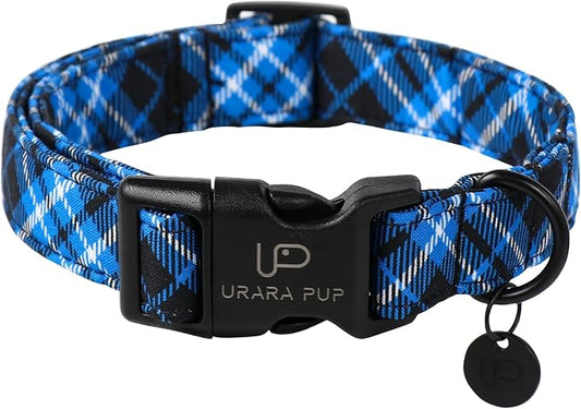 Autumn Cotton Dog Collar, Blue Plaid with Plastic Buckle, Adorable Pet Collar
