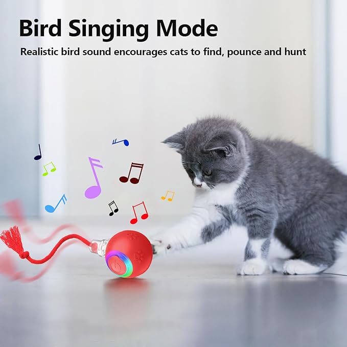 Interactive Cat Toy Ball with Red Tassel Tail, 3 Speed Modes Motion Activated Automatic Rolling Ball with Sound On/Off, USB Rechargeable Durable Toys for Cats & Kittens, Indoor Small Dogs