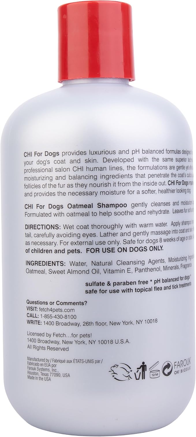 CHI for Dogs Oatmeal Shampoo Gentle Dog Wash Dry Itchy Skin and Dander Relief Soothing Formula Puppies 8 Weeks and Adult Dogs All Coat Types 16 FL OZ USA Grooming Routine Grooming Home Use