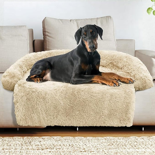GGIB Calming Dog Bed Fluffy Plush Dog Mat for Furniture Protector with Removable Washable Cover for Large Medium Small Dogs and Cats (Extra Extra Large, Beige)