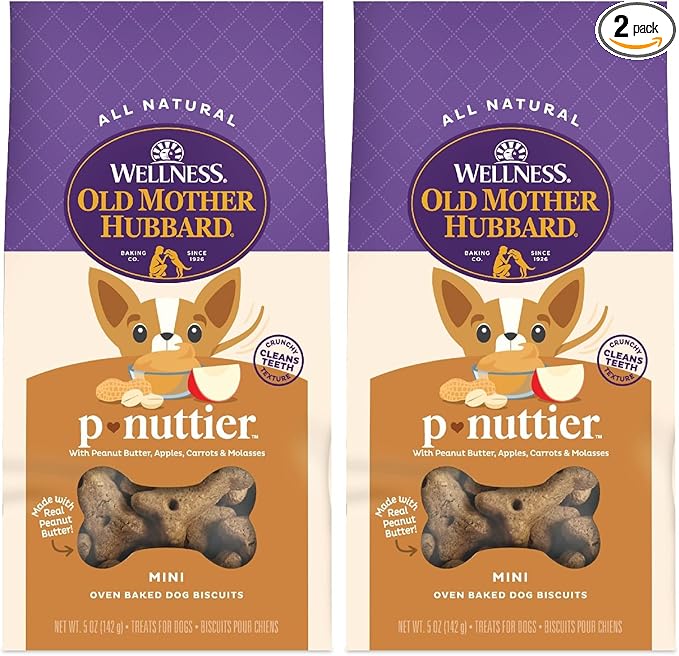 Old Mother Hubbard Wellness P-Nuttier Dog Biscuits, Natural, Training Treats, Peanut Butter Flavor, Mini Size, (5 Ounce Bag) (Pack of 2)