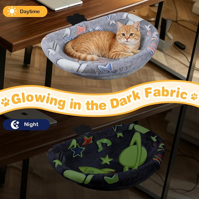 Cat Desk Bed with Clamp, Glow in The Dark Cat Desk Hammock | Desk Perch with Removable Washable Cover, Sturdy Metal Frame, Supports up to 50 Lbs