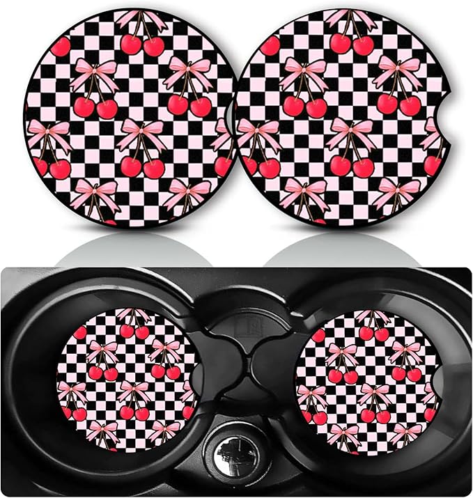 2Pack Cherry Car Cup Holder Coaster,Cherry Gifts for Women Men,Vehicle Interior Drink Mat Reusable Neoprene Car Coasters for Cup Holders Decor,Charming Cherrys Automotive Interior Accessories