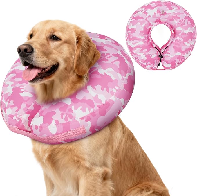 IEUUMLER Inflatable Recovery Dog Cone Collar, Neck Donut Protective ECollar, Adjustable Soft Collar for Dog and Cat After Surgery Prevent from Biting & Licking EU020 Pink Camo M+