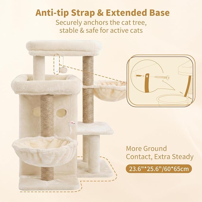 Heybly Cat Tree with Reinforced Big Base, 41.3-Inch Sturdy Cat Tower for Indoor Cats Featuring 2 Roomy Platforms, Double Cat Condo, 2 Cozy Baskets, Full Sisal Scratching Posts, Beige HCT075MJ