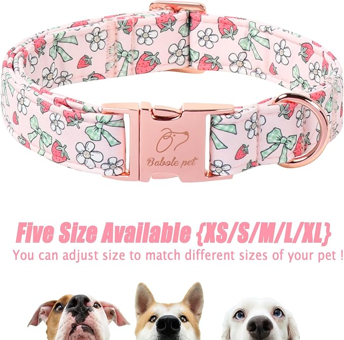 Pink Girl Dog Collar, Sweet Strawberry Spring Summer Dog Collars, Vintage Bow Puppy Collar, Adjustable Heavy Duty Pet Collar for Small Medium Large Dogs with Metal Buckle XL