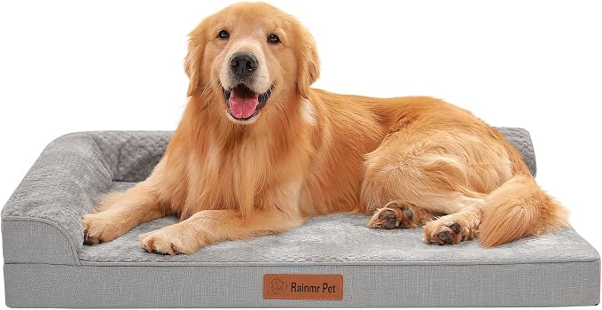 Rainmr Orthopedic Dog Beds for Large Dogs, Memory Foam Dog Beds Large Sized Dogs, Washable Removable Cover, Nonskid Bottom, Waterproof, for Indoor, Outdoor, Crate ＆ Car Use, 44x32x6 Inches, Light Grey