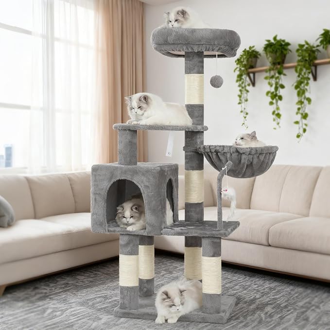 Heybly Cat Tree with Toy, Cat Tower condo for Indoor Cats, Cat House with Padded Plush Perch, Cozy Hammock and Sisal Scratching Posts, Light Gray HCT004SW