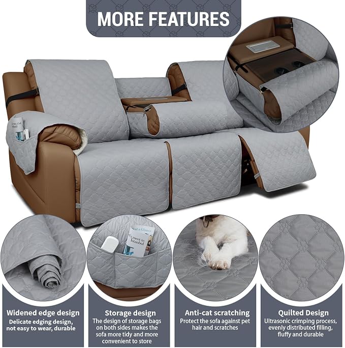 Waterproof Recliner Sofa Covers with Flipped Middle Backrest Washable Recliner Couch Covers Non-Slip with Elastic Straps Furniture Protector for Kid Dogs Pets (Light Grey)