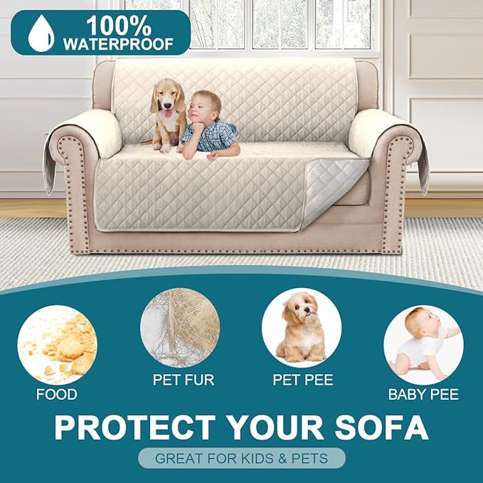 Turquoize 100% Waterproof Couch Cover Sofa Covers for 2 Cushion Couch Loveseat Covers Triple Non-Slip Couch Cover for Dogs Washable Furniture Protector Cover for Pets, Kids,Dog (Loveseat 54", Ivory)