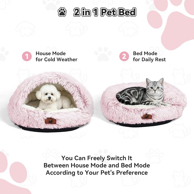 YooxArmor Washable Dog Bed, Windproof Round Hooded Cat Bed Cave for Small Medium Pets, Self Warming Anti-Anxiety House with Fluffy Cover (Pink-M)