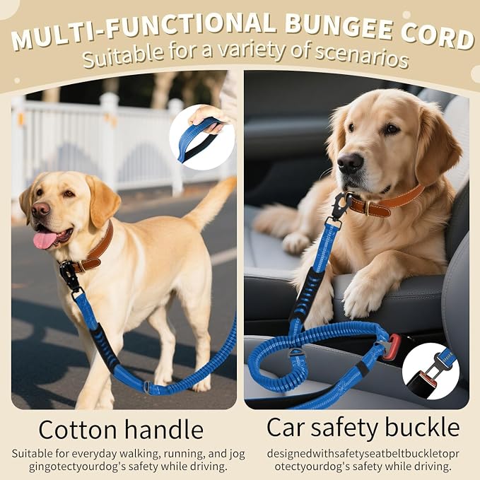 Heavy Duty Tactical Dog Leash, 4-6FT Shock Absorbing Bungee Lead with 2 Padded Handles, Metal Carabiner & Seatbelt Clip, Reflective No-Pull Leash for Medium/Large Dogs (Blue)
