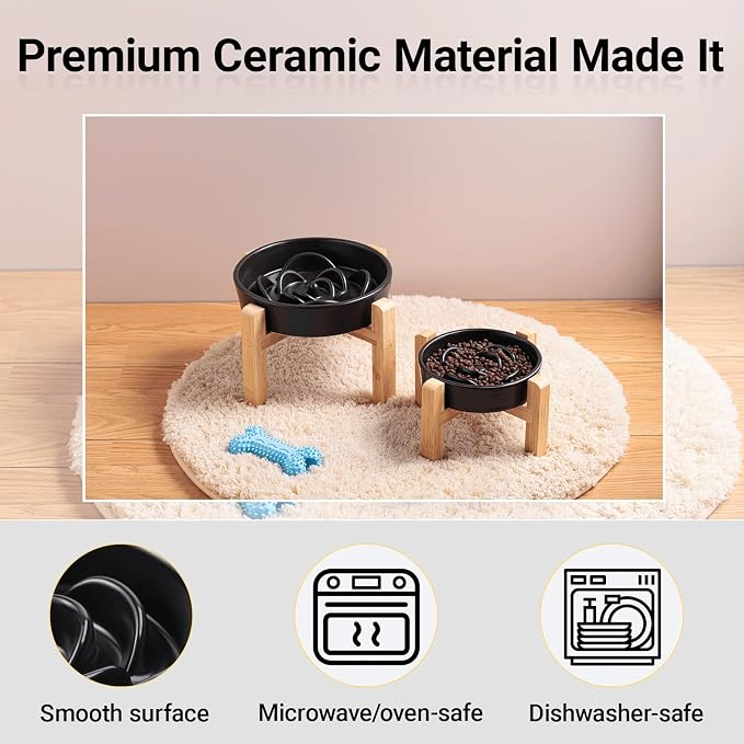 Ceramic Slow Feeder/Dog Bowl for Small Medium Dogs,Elevated/Raised Slow Feeding Dog Food Water Dish Heavy Weighted,Puzzle Eating Bow (Black, 8.26in)