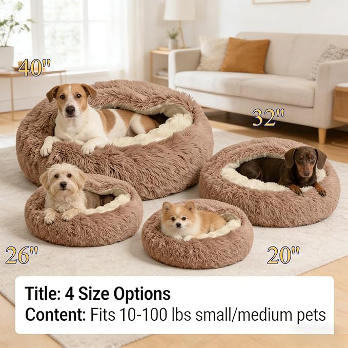 Hooded Donut Dog Bed with Cover, Calming Anti-Anxiety Dog Cave Bed for Small Medium Dogs, Plush Fluffy Burrowing Pet Bed with Waterproof Non-Slip Bottom (Brown,L-32”)