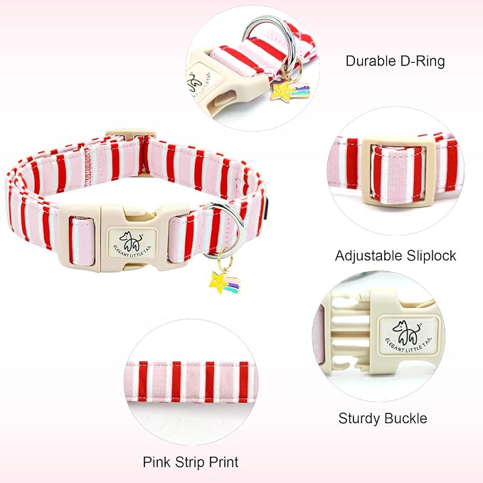 Elegant little tail Dog Collar, Cute Pink with Red Strip Pattern Pet Collars Soft Girl or Boy Adjustable Cotton Puppy Collar with Quick Release Buckle for Small Puppy