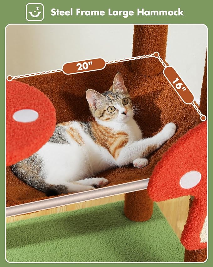 MUTTROS Mushroom Cat Tree Tower with Removable Scratcher, Large Hammock, Condo, Perch, 3 Sisal Posts – Multi-Level Cat Tree for Indoor Cats, Cute Cat Tower for Small Space Homes