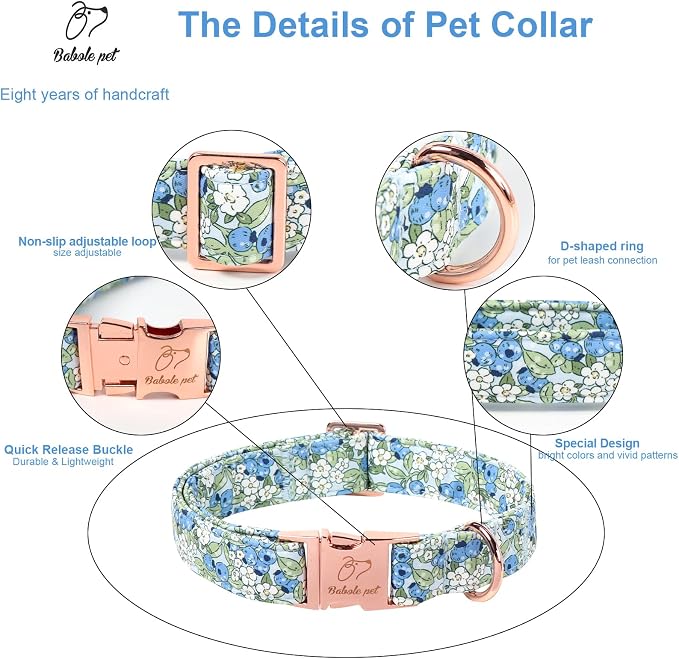 Blueberry Garden Dog Collar, Spring/Summer Cottagecore Floral Dog Collars, Adjustable Heavy Duty Girl Dogs Collar for Small Medium Large Dogs with Metal Buckle L
