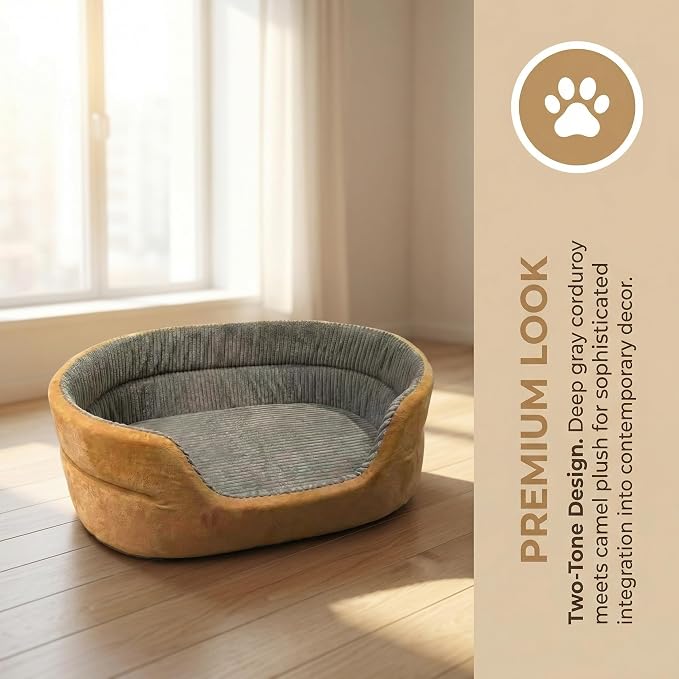 Medium Dog Bed Cat Bed 18x26 Inch, Calming Pet Bed for Dogs & Cats, Machine Washable Dog Bed，Half-Enclosed Open-Top Velvet Anti-Anxiety Bed, Cozy Snuggle Bed (Camel)