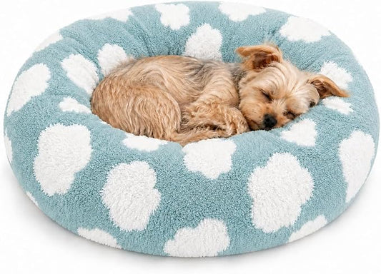 Whiskers & Friends Cat Beds for Indoor Cats, Fluffy Calming Donut Cat Bed, Small Dog Bed Washable - Orthopedic Soft Plush Pet Beds Sized for Kitten to Large Cats & Puppy to Small Dogs - Blue White