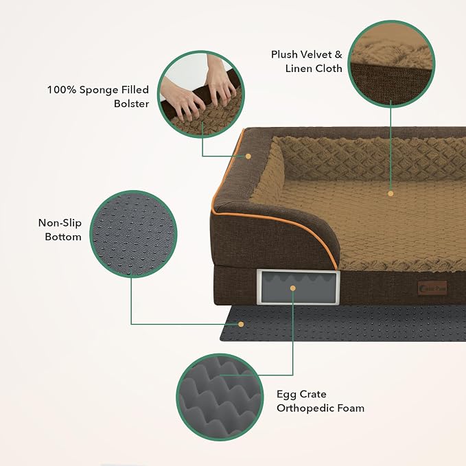 Orthopedic Dog Beds for Large Sized Dogs 35x22 Inch, Medium Waterproof Egg Crate Foam Dog Sofa Bed with Removable Washable Cover Pet Couch with Bolster Side & Non-Slip Bottom, Brown