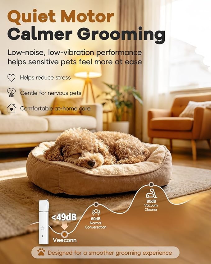 Veeconn Dog Clippers Grooming Kit Hair Clipper-Low Noise Paw Trimmer- Rechargeable - Cordless Quiet Nail Grinder Shaver for Cats and Other Pets