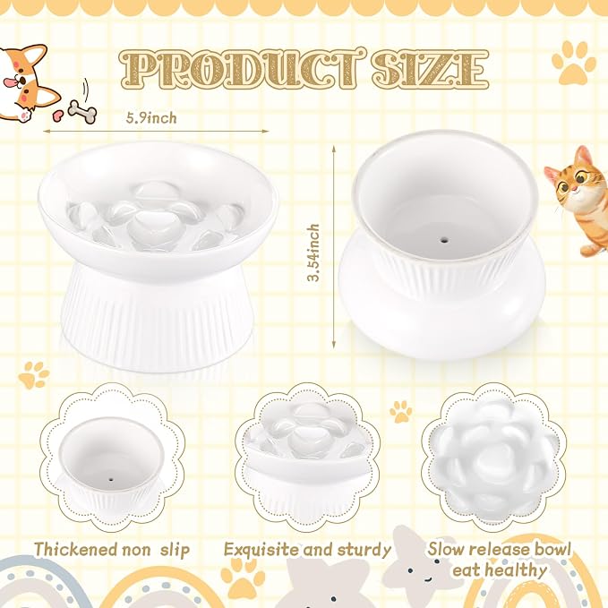 Layhit 2 Pack Raised Slow Feeder Cat Bowls Ceramic Elevated Cat Food Bowls Anti Vomiting Slow Feeder for Dog and Kitten for Dry and Wet Food(White)