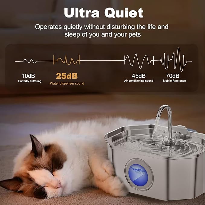 Cat Water Fountain, Apauk 108oz/3.2L Silent cat Water Fountain Stainless Steel, Cat Fountain, Automatic Dog Water Fountain,Controllable Blue Light - (6 Filters& 6 Sponges)