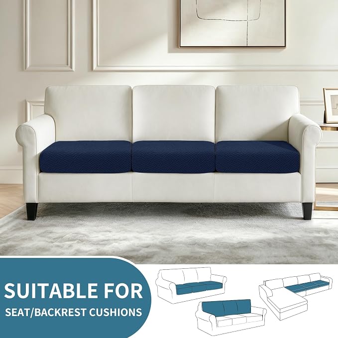 XINEAGE Couch Cushion Covers Seat Cushion Cover Thick Stretch Sofa Slipcovers 3 Piece Individual Couch Covers with Elastic Bottom(3 Seat Cushion/Backrest,Navy Blue)
