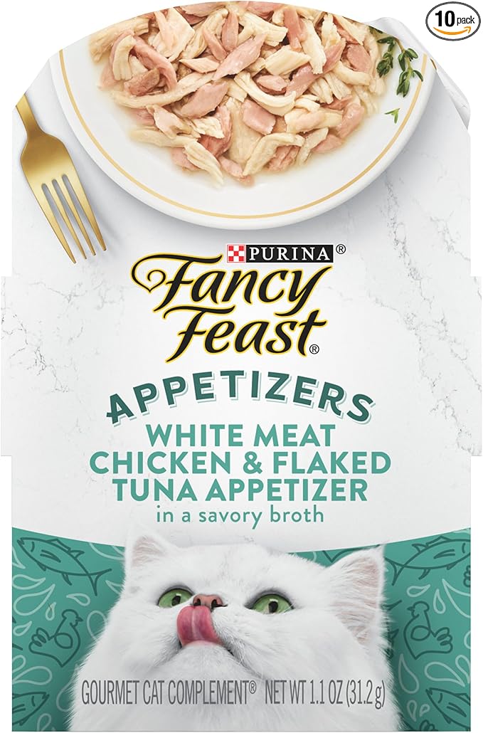 Purina Fancy Feast Appetizers Lickable Grain Free Wet Cat Food Topper White Meat Chicken and Flaked Tuna Appetizer - (Pack of 10) 1.1 oz. Trays