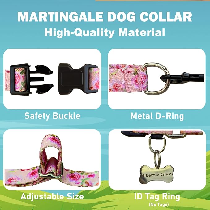 Martingale Collar for Dogs with Buckle Pink Floral Dog Collars No Pull Cute Girl Female Dog Collar for Large Dogs, Watercolor Pink Rose