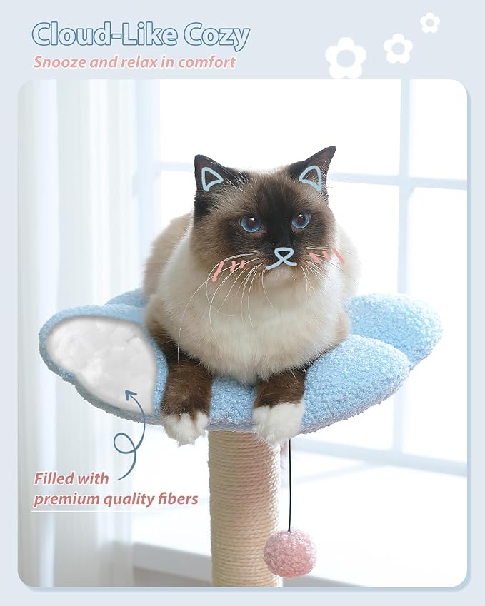 MUTTROS Flower Cat Tree with Large Metal Frame Hammock, 35" Pink Cat Tower with Sisal Scratching Posts for Small Indoor Cats, Cat Condo with Blue Top Perch for Kittens, Fluffy Ball, Pink