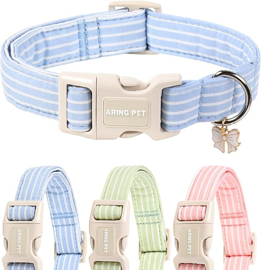 ARING PET Stripe Dog Collar, Cute Spring Summer Blue Stripe Pet Collars with Bow Charm for Puppy Small Medium Large Boy Girl Dogs-S, for Daily Outdoor Walking Training