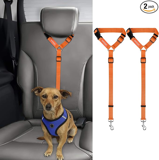 BWOGUE 2 Packs Dog Cat Safety Seat Belt Strap Car Headrest Restraint Adjustable Nylon Fabric Dog Restraints Vehicle Seatbelts Harness Orange