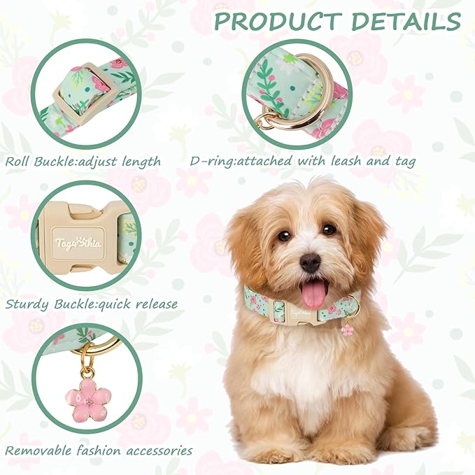 Dog Collars for Small Dogs, Summer Dog Collar with Metal Buckle, Green Dog Collar with Pink Floral Patterns, Soft Adjustable Dog Collars for Puppy Small Dogs -S
