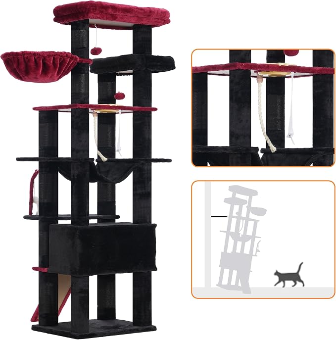 Heybly Tall Cat Tree, 78-inch Multi-Level Cat Tower for Indoor Cats, 2 Widened Plush Perches Cat Condo with Scratching Board and Big Caves, Black and Red HCT033BR