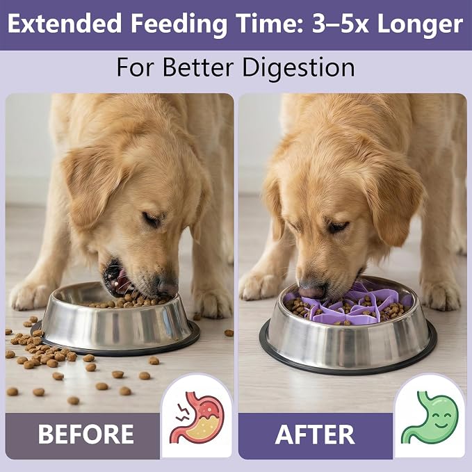 Silicone Dog Slow Feeder Bowl Insert with Suction Cups, Cuttable Food-Grade Lick Mat Divider Fits Stainless Steel Ceramic Glass Dog Bowls, Helps Slow Down Eating, Purple