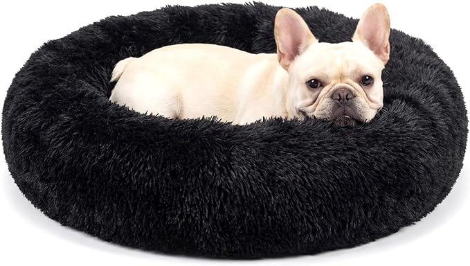 Calming Donut Dogs Beds for Medium Dogs up to 45 lb,30inch Anti-Slip Plush Round Dog Bed with Raised Rim,Fluffy Faux Fur Pet Bed for Cozy Sleep,Black