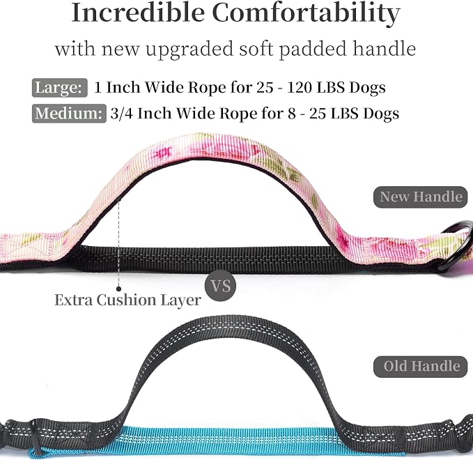 iYoShop Hands Free Dog Leash with Zipper Pouch, Dual Padded Handles and Durable Bungee for Walking, Jogging and Running Your Dog (Pink Sakura, Large)