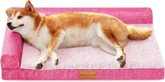 Patas Lague Orthopedic Dog Bed Large Sized Dog 36''X24'', Waterproof L Bolster Medium Pet Sofa Beds with Removable Washable Cover, Soft Pet Couch Crate Mat with Nonskid Bottom, Pink