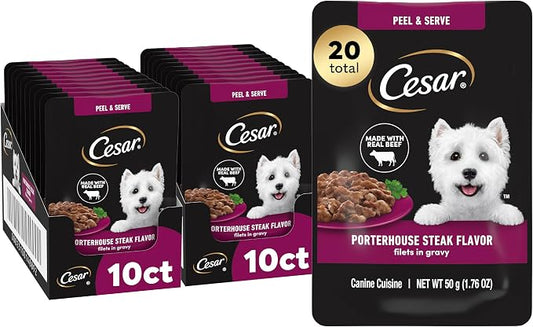 Cesar Filets in Gravy Wet Dog Food, Porterhouse Steak Flavor, 1.76 oz. Mini-Pouch, 20 Count