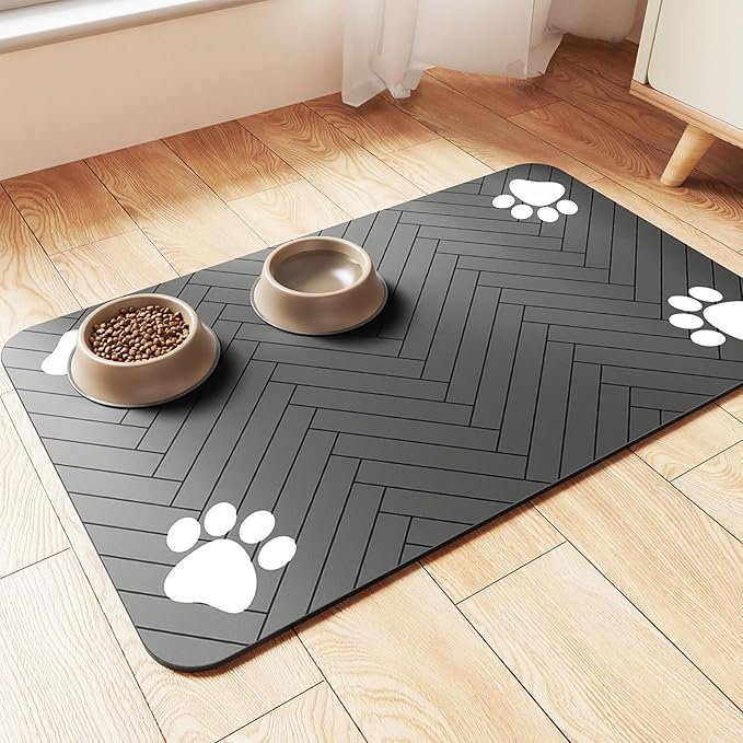 Pet Feeding Mat-Absorbent Pet Placemat for Food and Water Bowl, with Waterproof Rubber Backing, Quick Dry Water Dispenser Mat for Dog and Cat (32"x22", Striped Dark Gray)