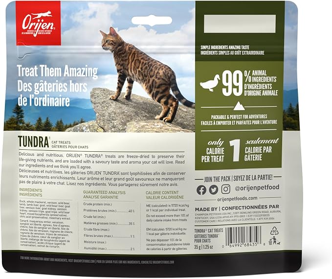 ORIJEN Tundra Freeze Dried Cat Treats, Grain Free Treats for Cats, WholePrey Ingredients, 1.25oz (Pack of 2)