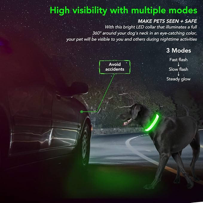 Light Up Dog Collar, Rechargeable USB Collar, Waterproof, Luminous LED Collar, Adjustable, Super Bright, Night Walking for Small Medium Large Dogs, Green, L