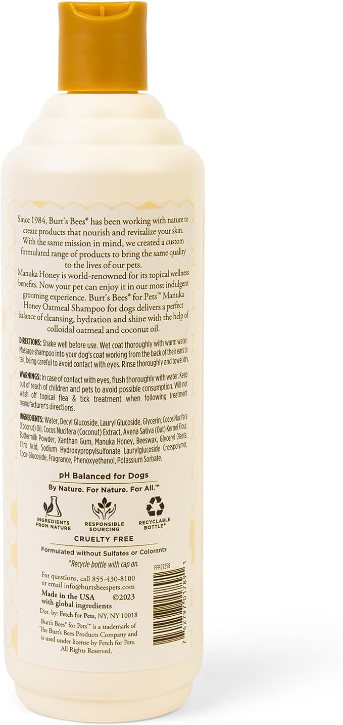 Burt's Bees for Pets Manuka Honey Oatmeal Shampoo for Dogs, Colloidal Oatmeal & Coconut Oil, 95%+ Natural Origin, No Sulfates, Parabens or Phthalates, Milk & Honey Scent, 16 Fl Oz